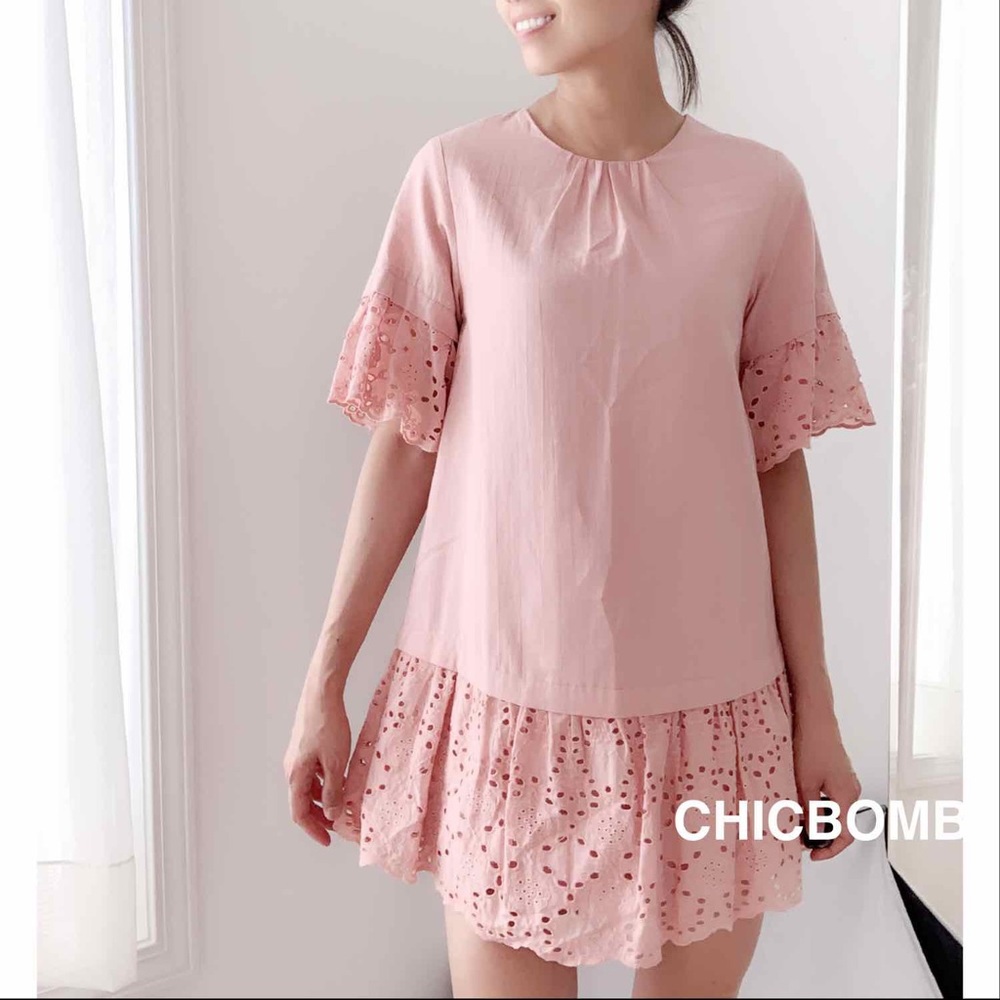 HARLOW EYELET BABYDOLL MINI DRESS DUSTY PINK - Picture 3 of 4